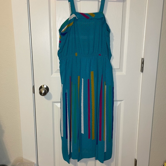VTG 80s geometric teal dress  sz L (?) - Picture 4 of 6
